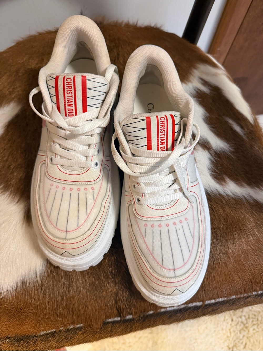 Dior White Sneakers with Red Trim and Logo